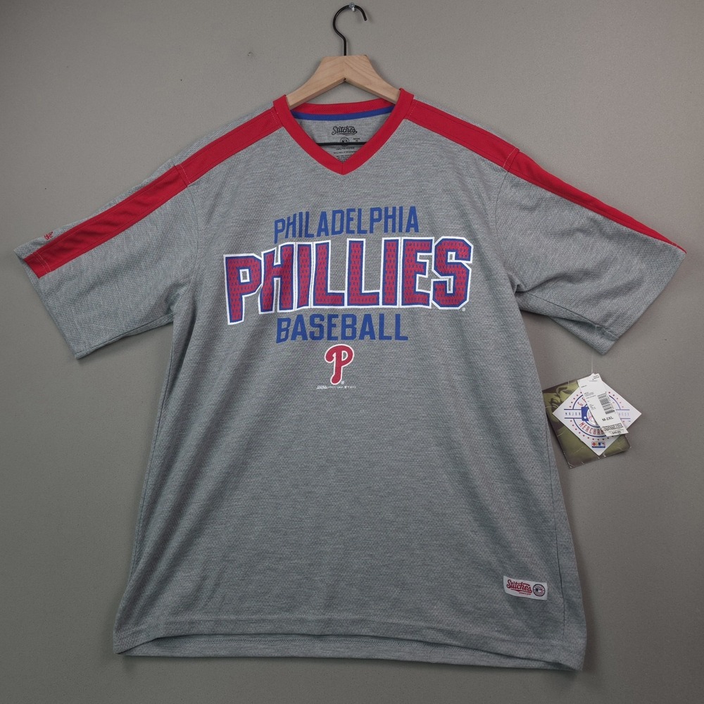 Stitches MLB Philadelphia Phillies Mens L V Neck Jersey Shirt Gray Red NWT Tee